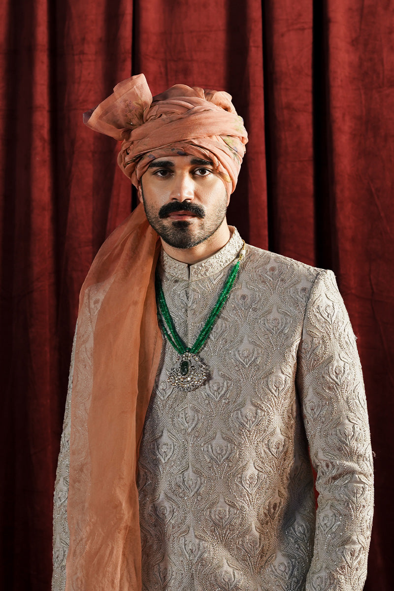Beige Jacquard Sherwani with Resham & Sequin Embroidery (3-Piece) - Image 3