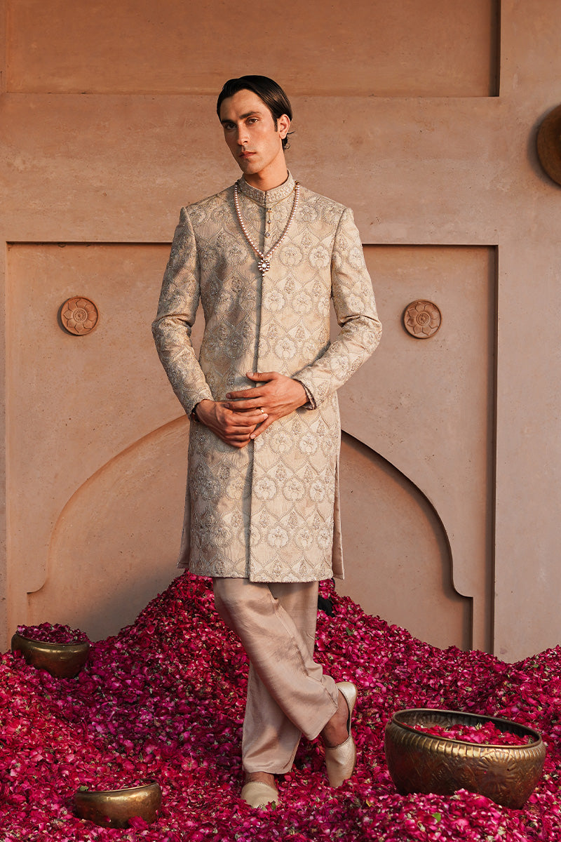 Beige Tilla Resham Jacquard Sherwani (3-Piece) - Image 1