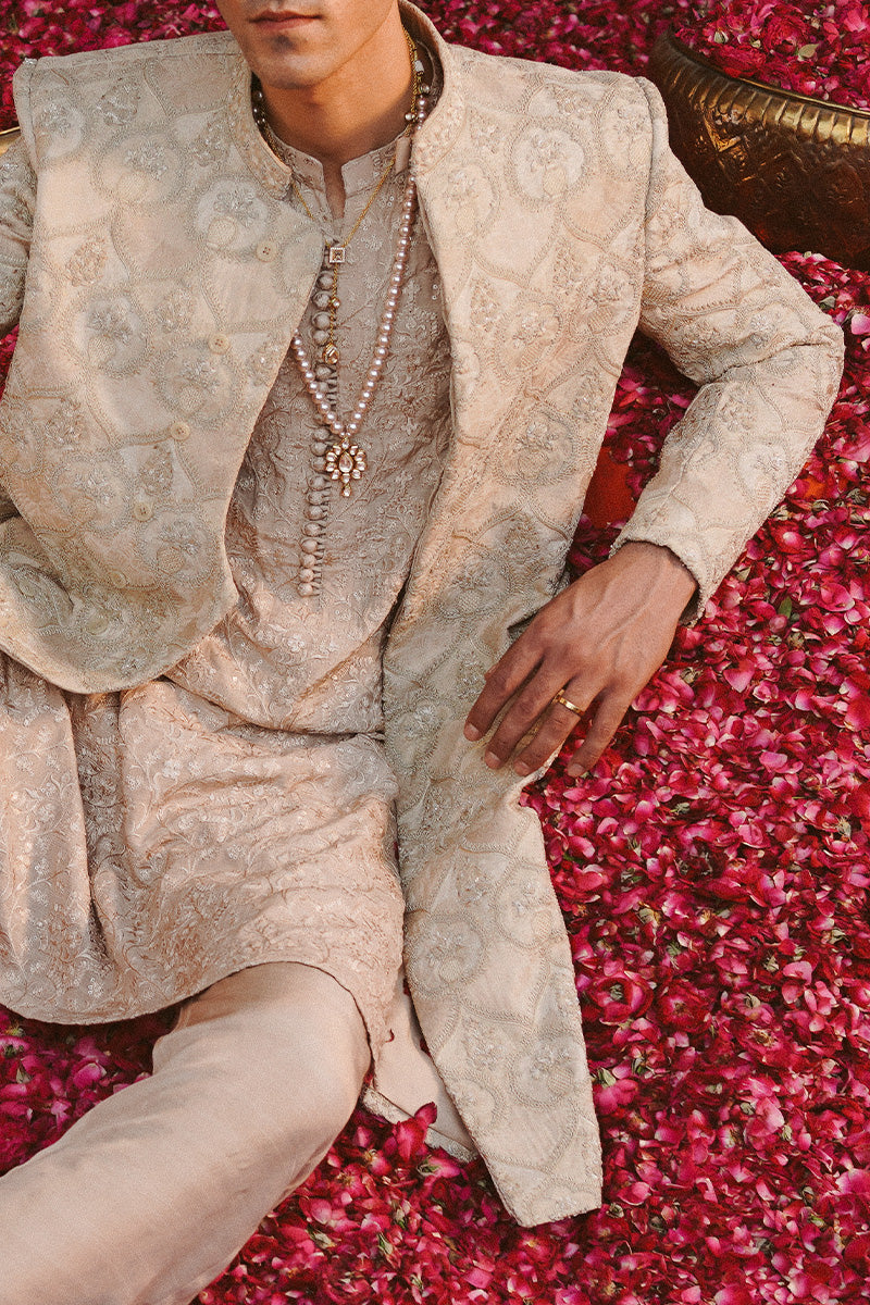 Beige Tilla Resham Jacquard Sherwani (3-Piece) - Image 6