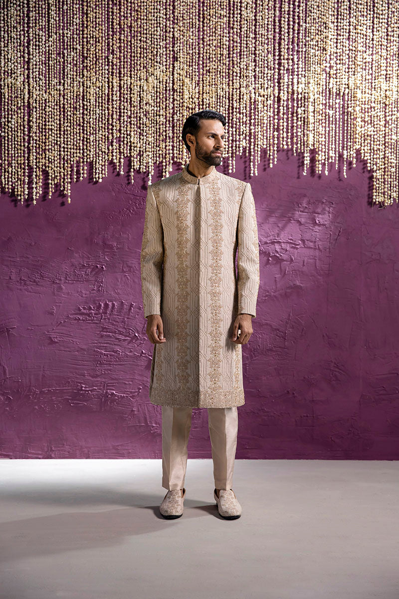 Beige Embroidered Self Karandi Sherwani (2-Piece) - Image 1