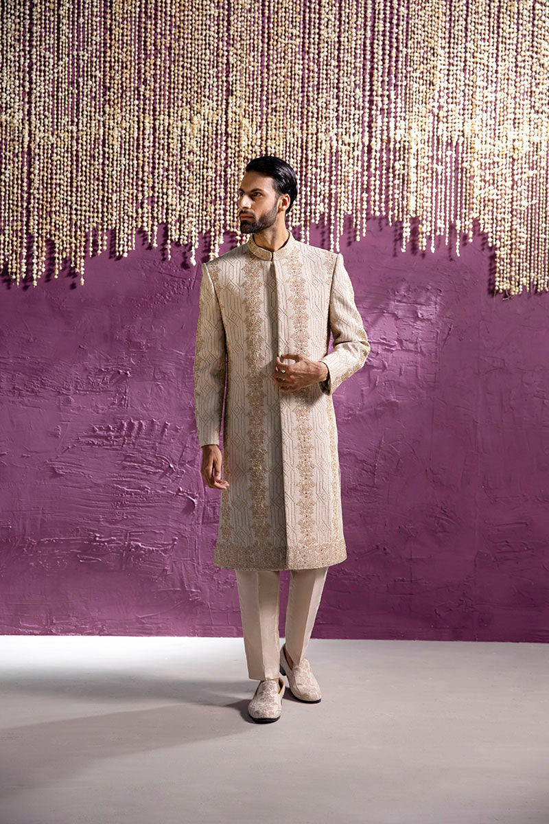 Beige Embroidered Self Karandi Sherwani (2-Piece) - Image 2