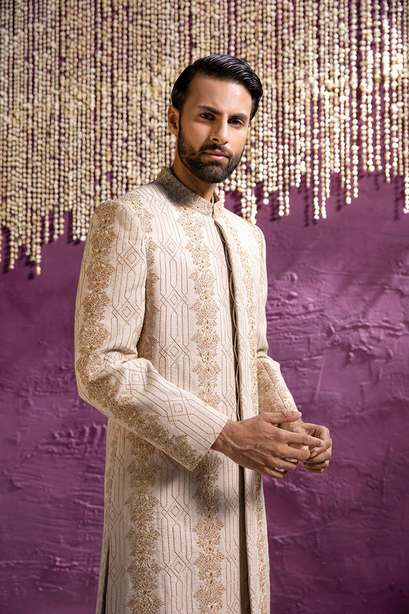 Beige Embroidered Self Karandi Sherwani (2-Piece) - Image 3