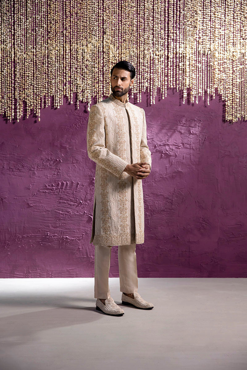 Beige Embroidered Self Karandi Sherwani (2-Piece) - Image 4
