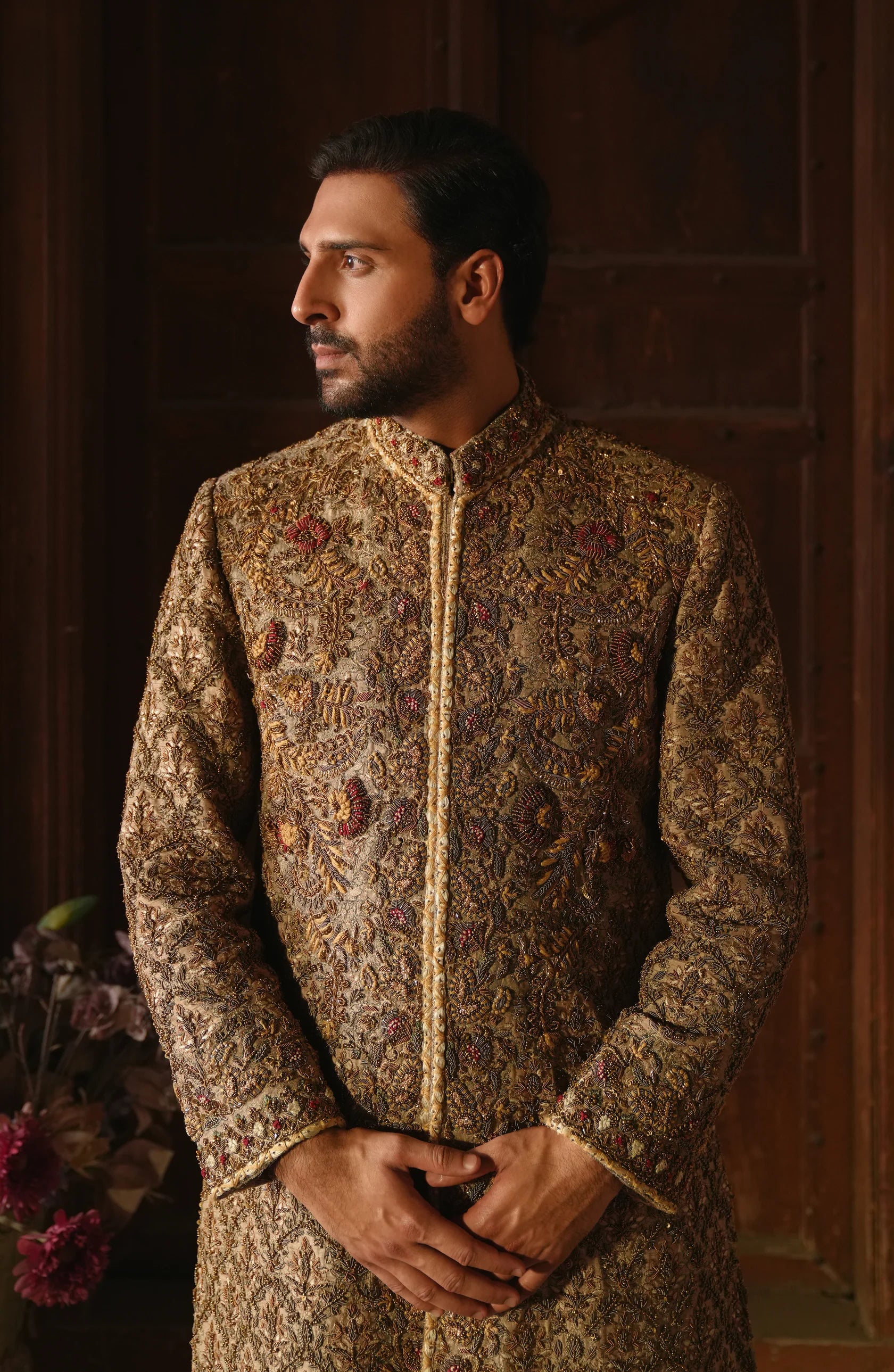 Mushroom Embroidered Korean Silk Sherwani (2-Piece) - Image 1
