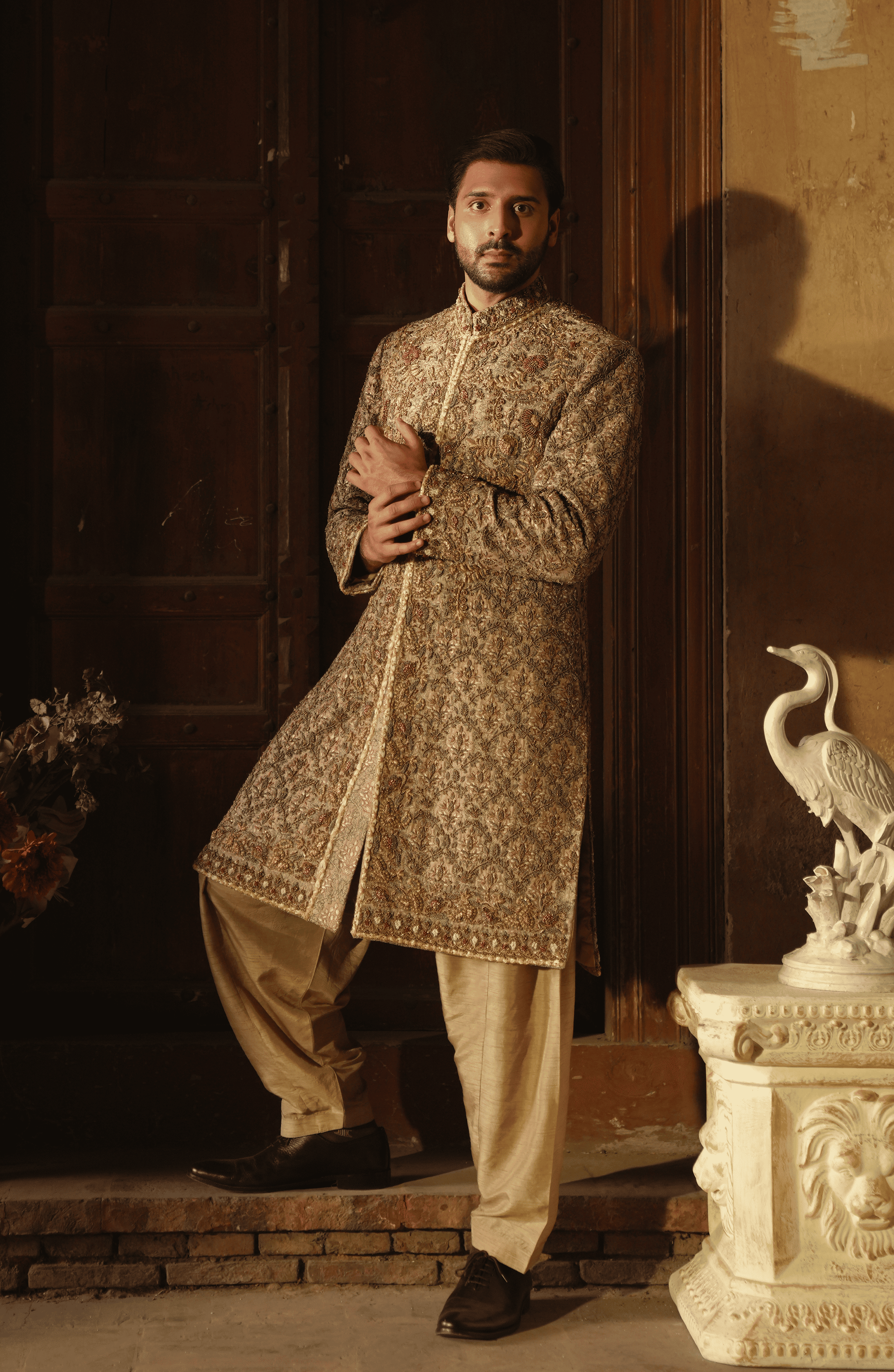 Mushroom Embroidered Korean Silk Sherwani (2-Piece) - Image 2
