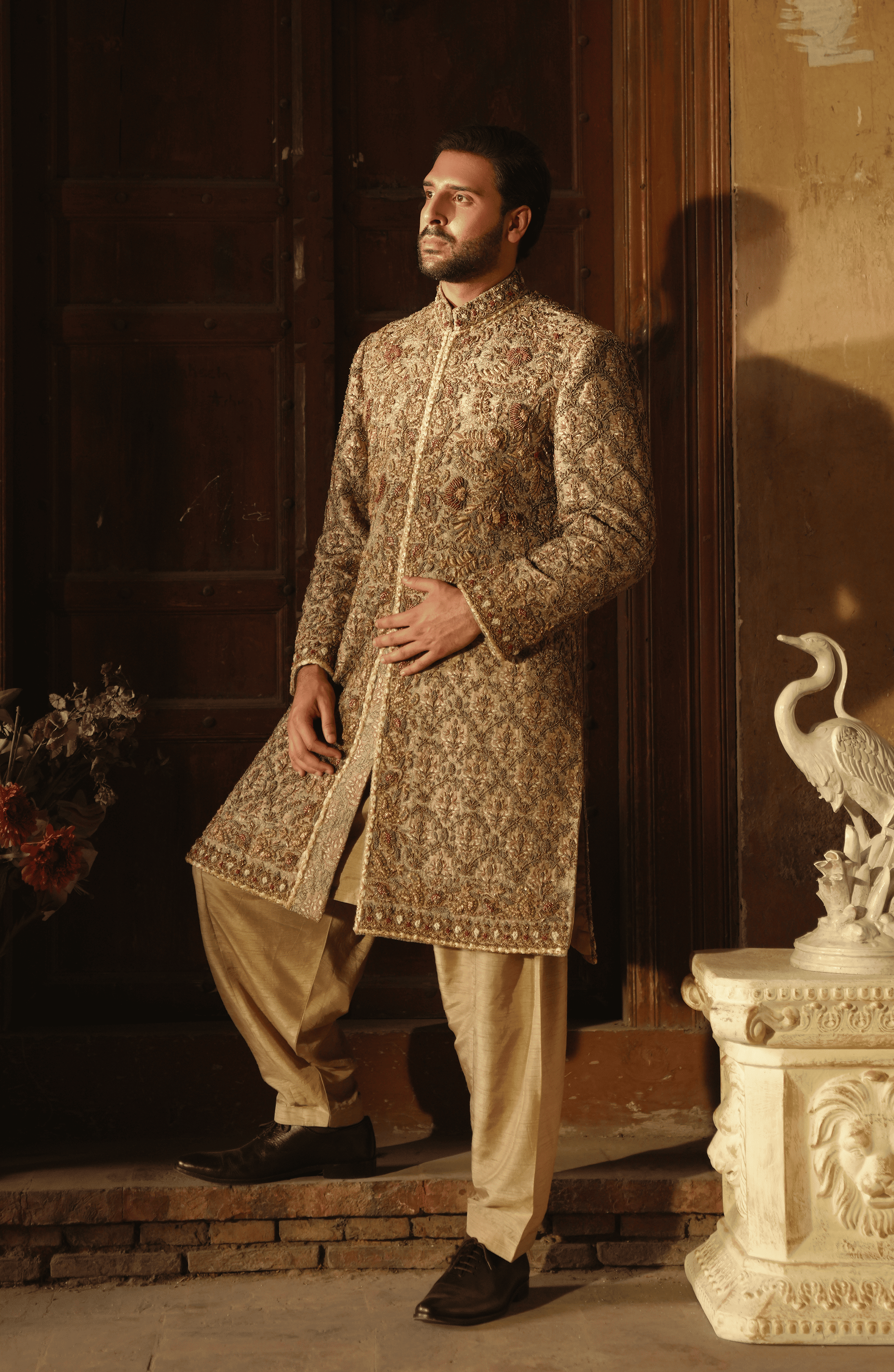 Mushroom Embroidered Korean Silk Sherwani (2-Piece) - Image 3