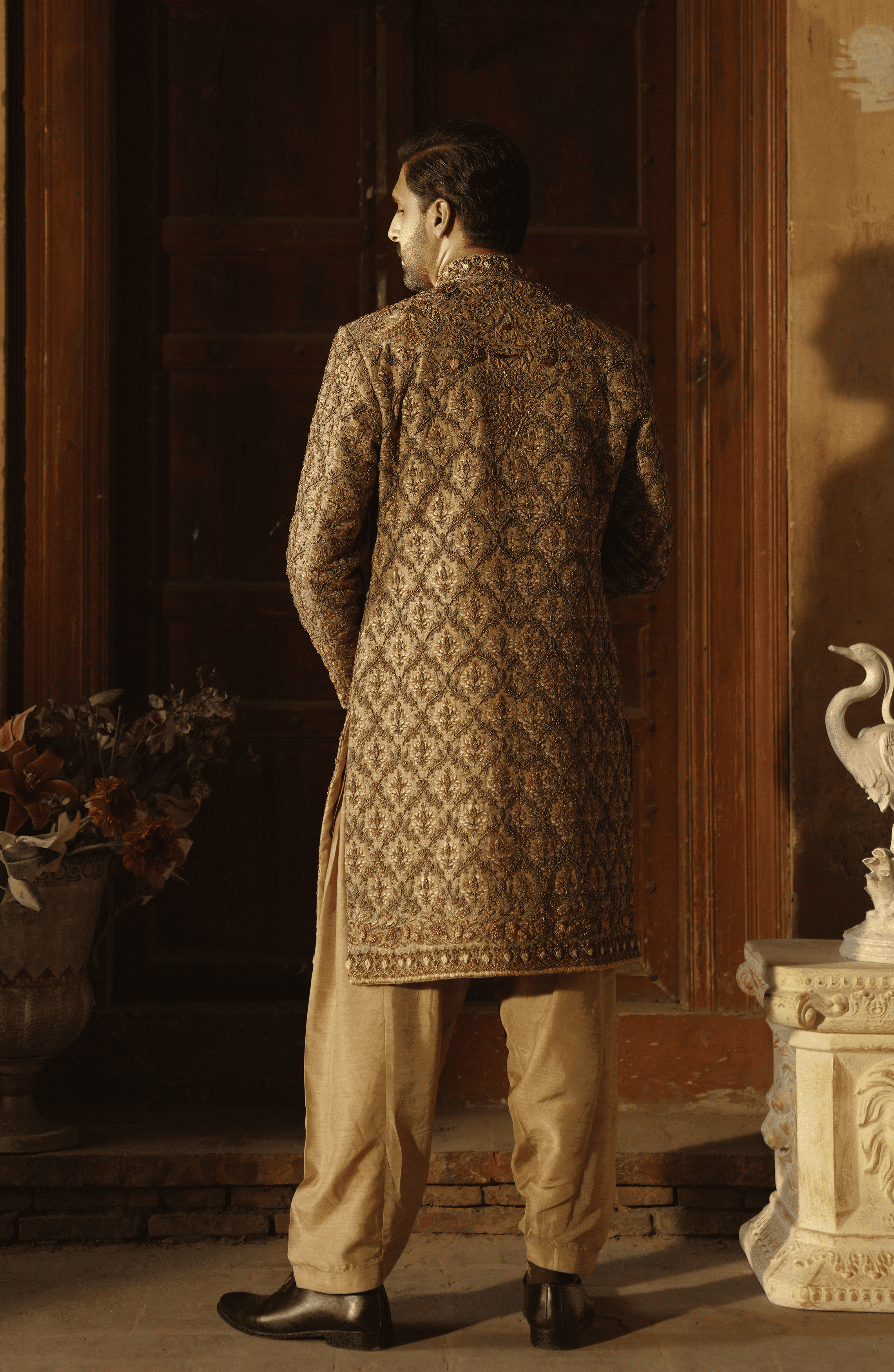 Mushroom Embroidered Korean Silk Sherwani (2-Piece) - Image 4