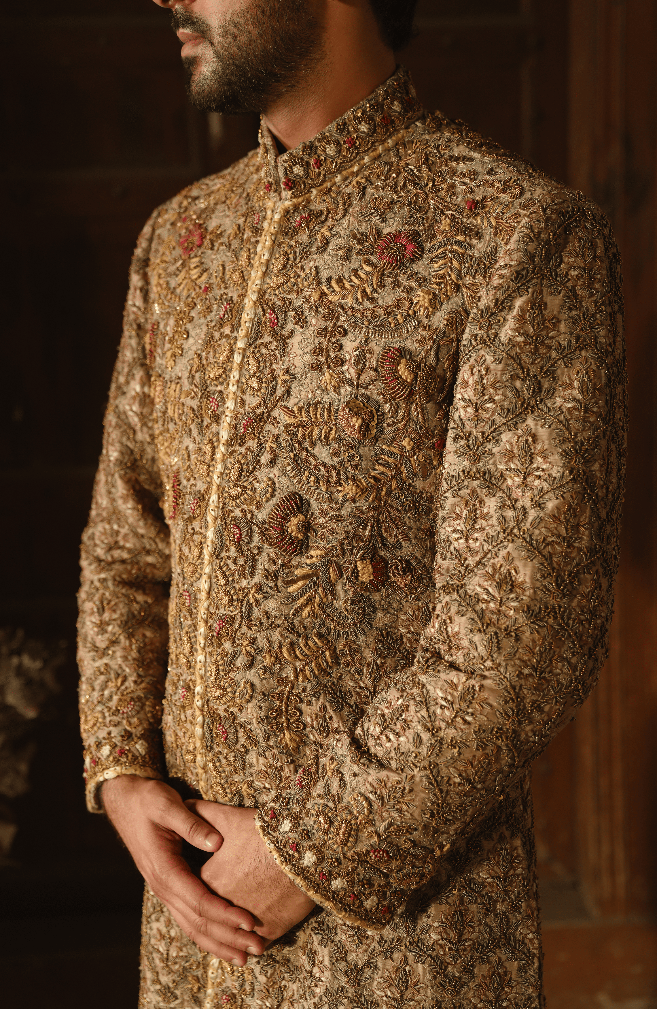Mushroom Embroidered Korean Silk Sherwani (2-Piece) - Image 6