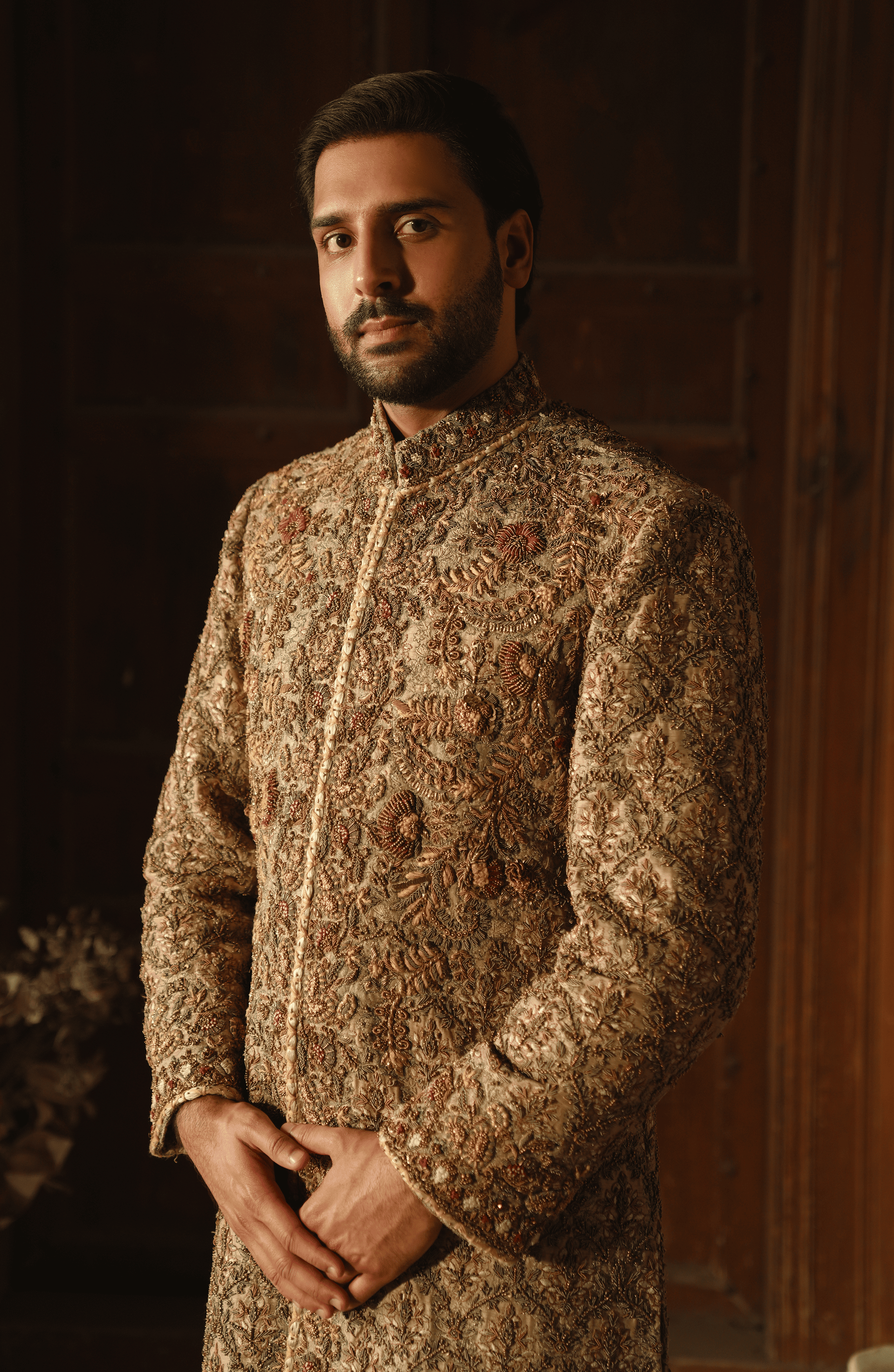 Mushroom Embroidered Korean Silk Sherwani (2-Piece) - Image 7