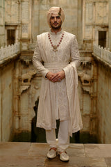 Light Beige Embroidered Raw Silk Sherwani (4-Piece) - Image 2