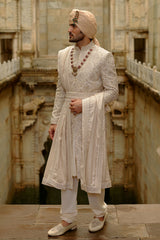 Light Beige Embroidered Raw Silk Sherwani (4-Piece) - Image 3