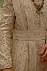 Light Beige Embroidered Raw Silk Sherwani (4-Piece) - Image 4
