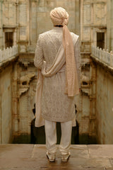 Light Beige Embroidered Raw Silk Sherwani (4-Piece) - Image 5
