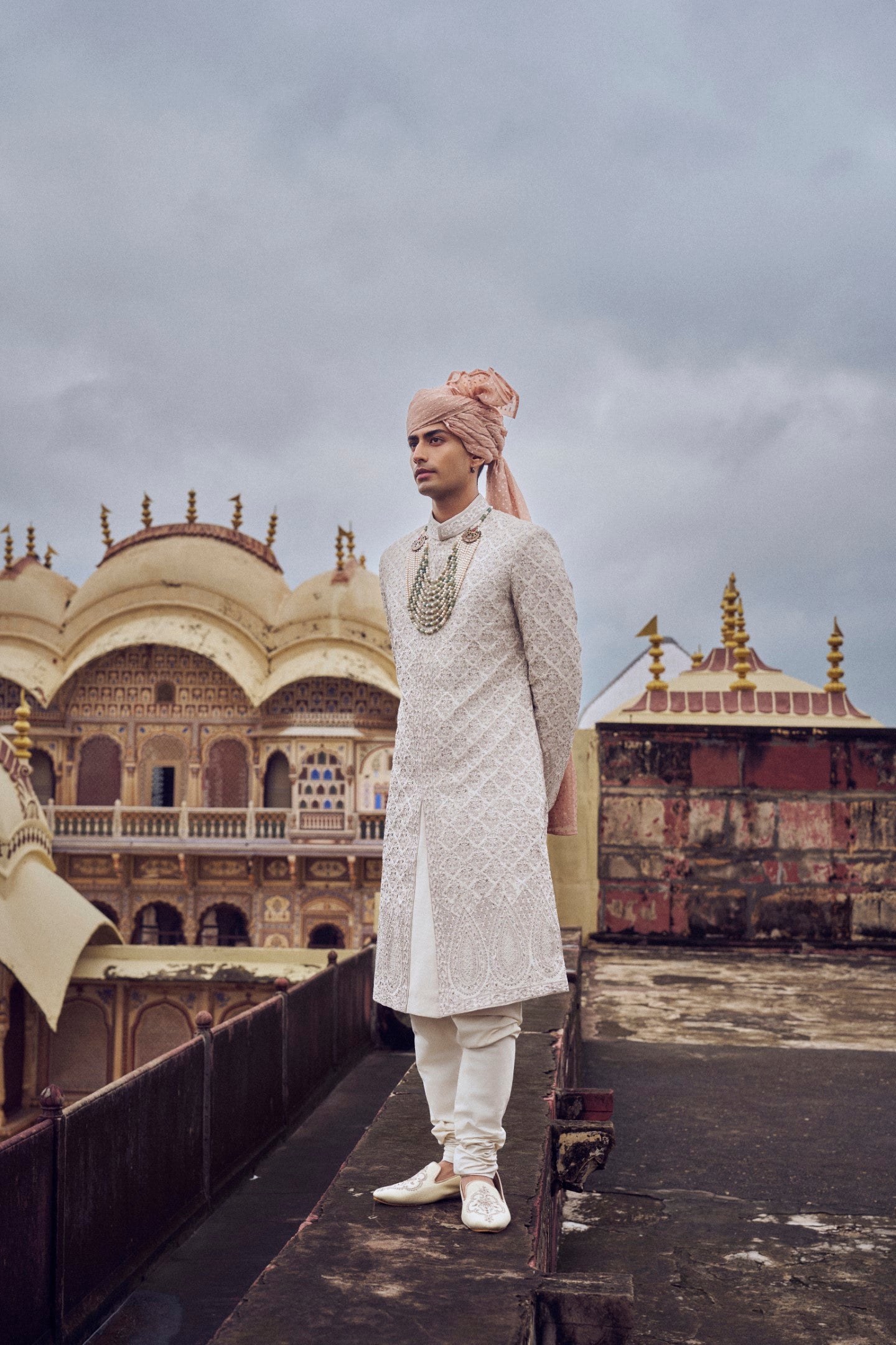 Nude Embroidered Raw Silk Sherwani (3-Piece) - Image 2