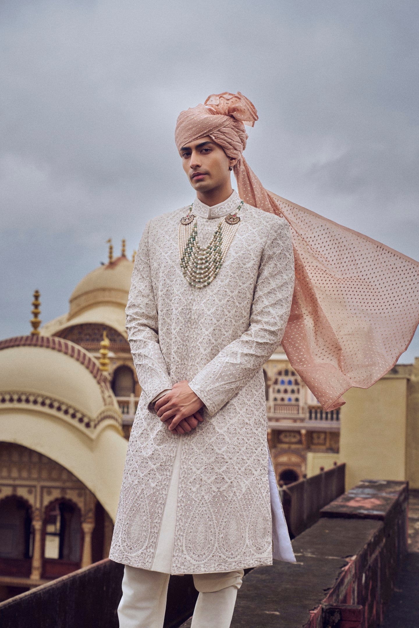 Nude Embroidered Raw Silk Sherwani (3-Piece) - Image 4