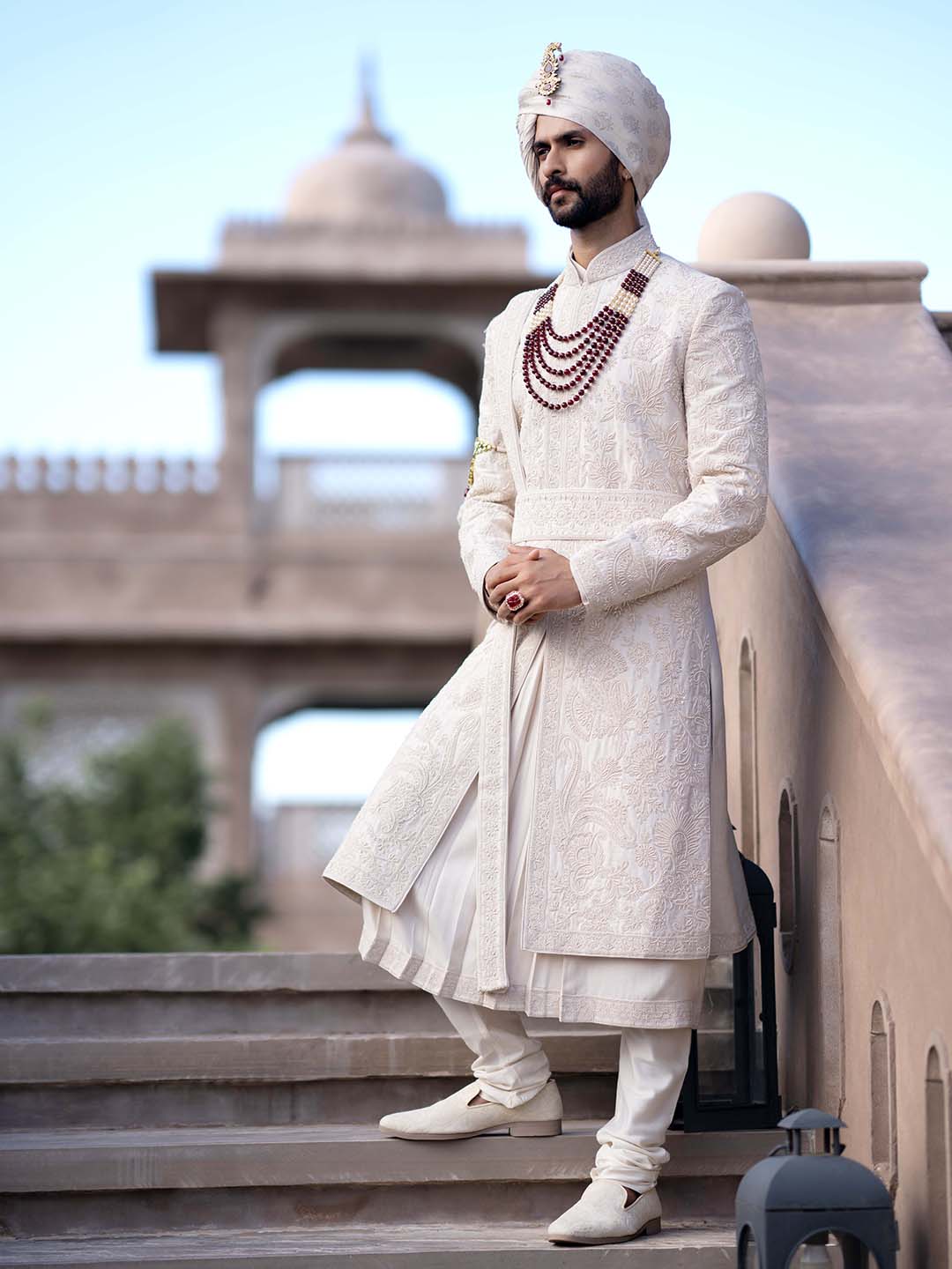 Beige Embroidered Raw Silk Sherwani (5-Piece) - Image 1