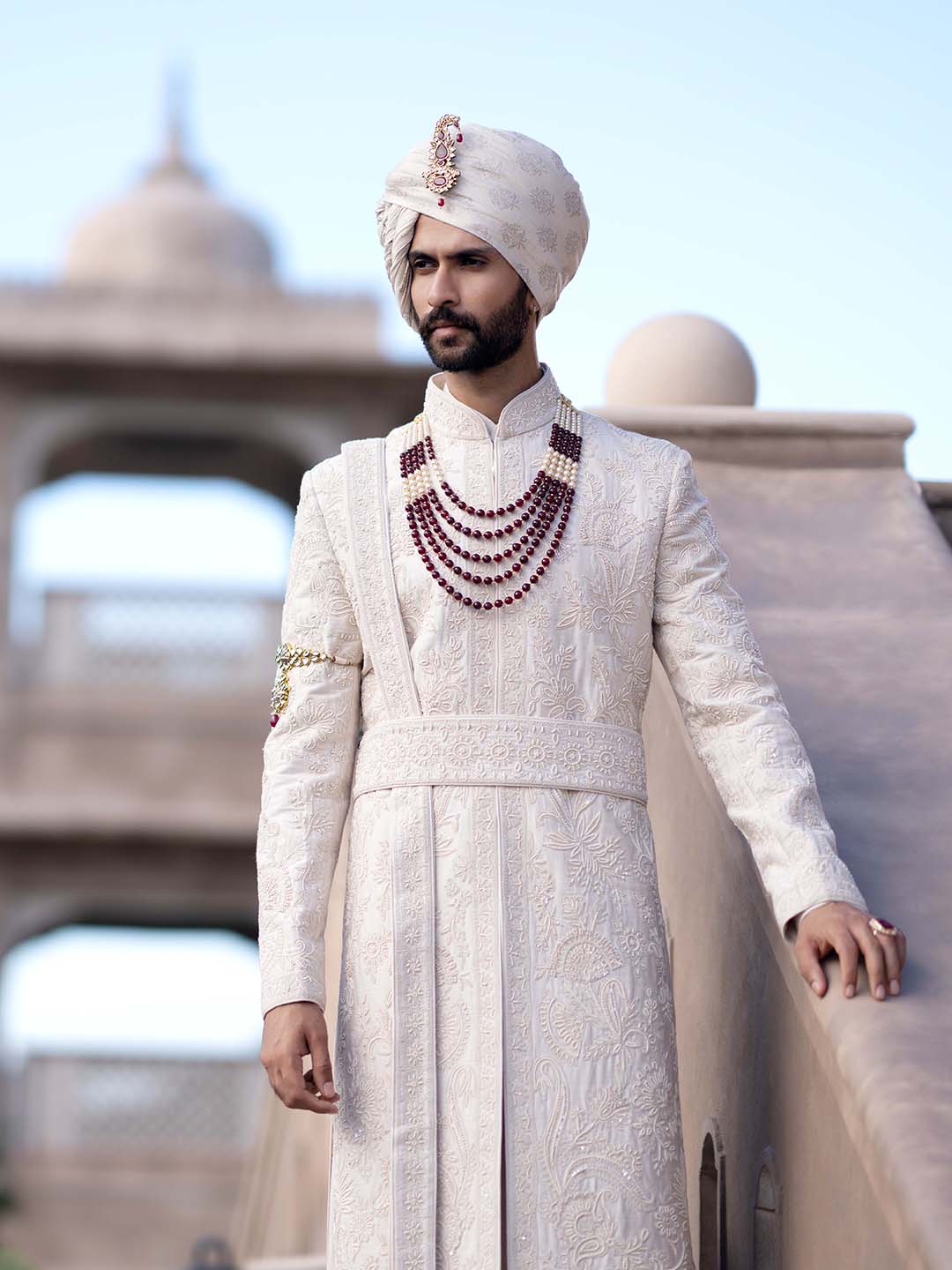 Beige Embroidered Raw Silk Sherwani (5-Piece) - Image 2