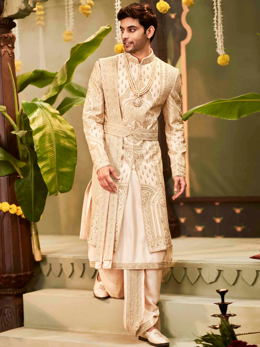 Beige Embroidered Raw Silk Sherwani Set (3-Piece) - Image 1