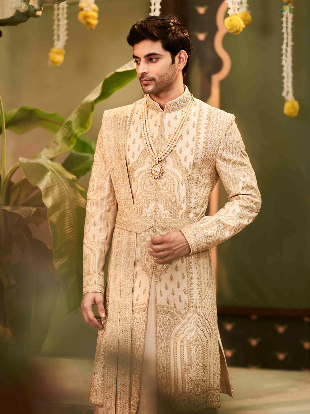 Beige Embroidered Raw Silk Sherwani Set (3-Piece) - Image 2