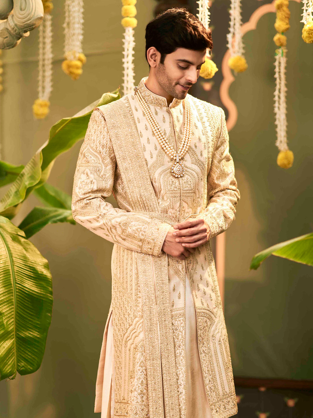 Beige Embroidered Raw Silk Sherwani Set (3-Piece) - Image 4