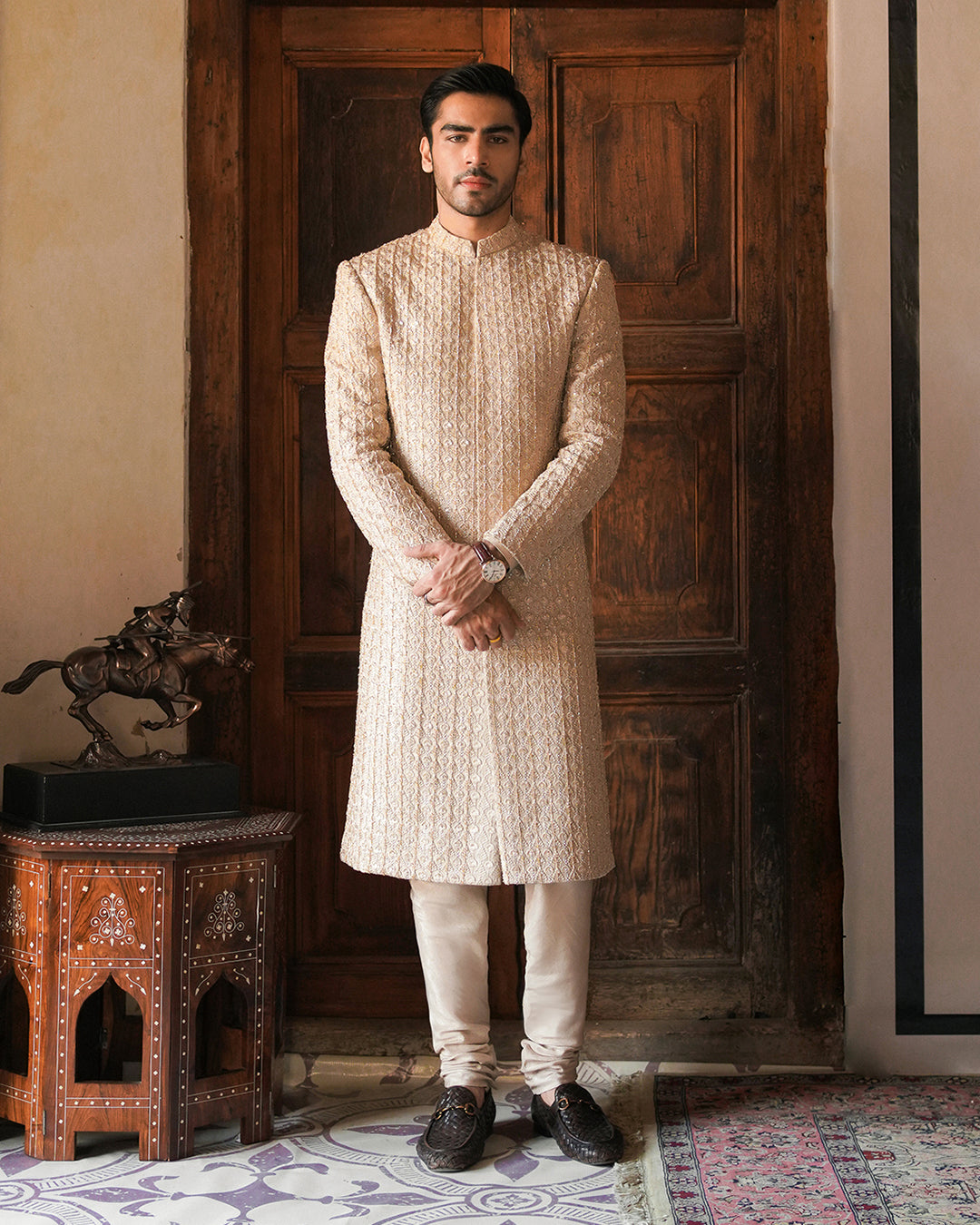 Fawn Embellished Korean Raw Silk Sherwani (3-Piece) - Image 1