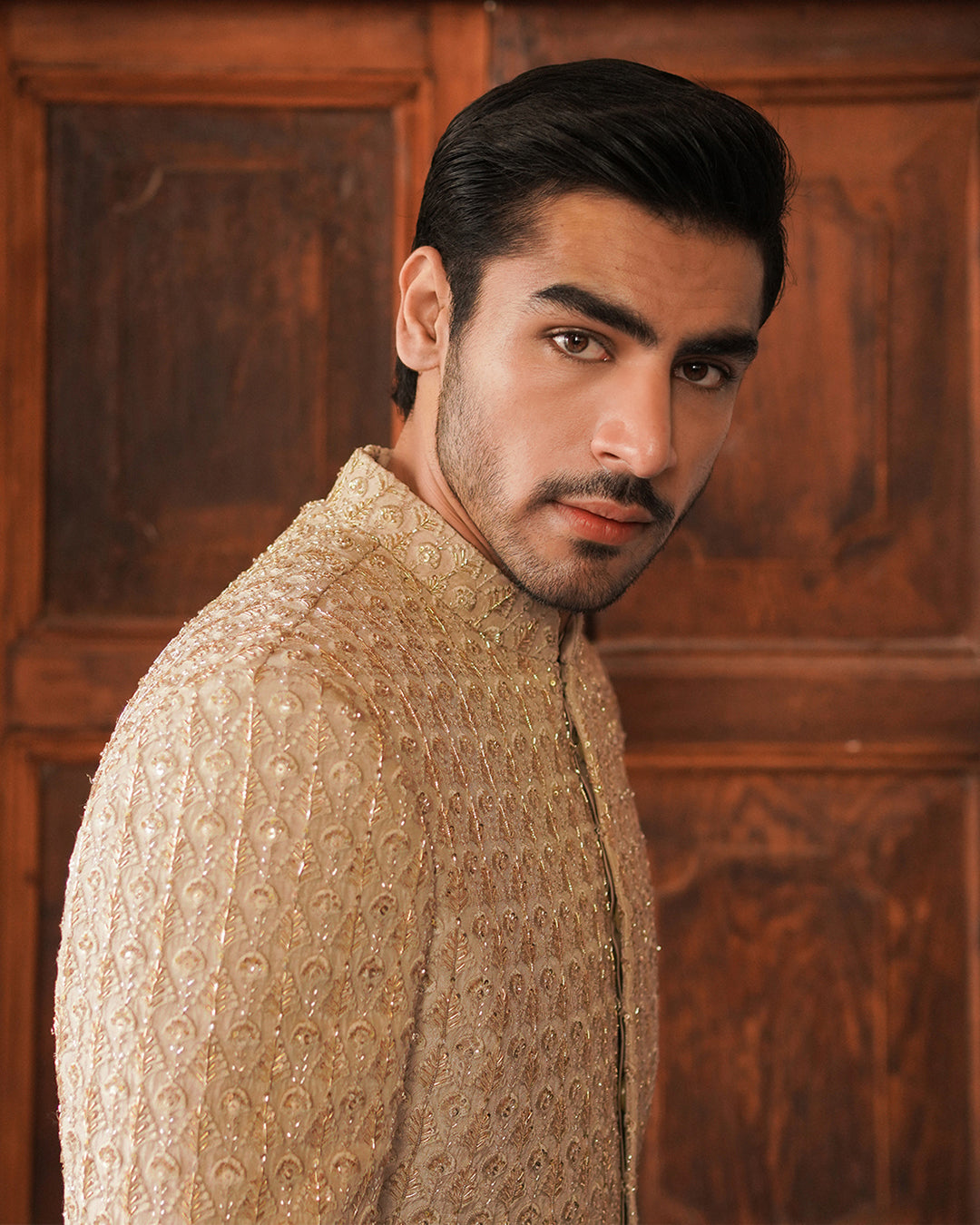 Fawn Embellished Korean Raw Silk Sherwani (3-Piece) - Image 2