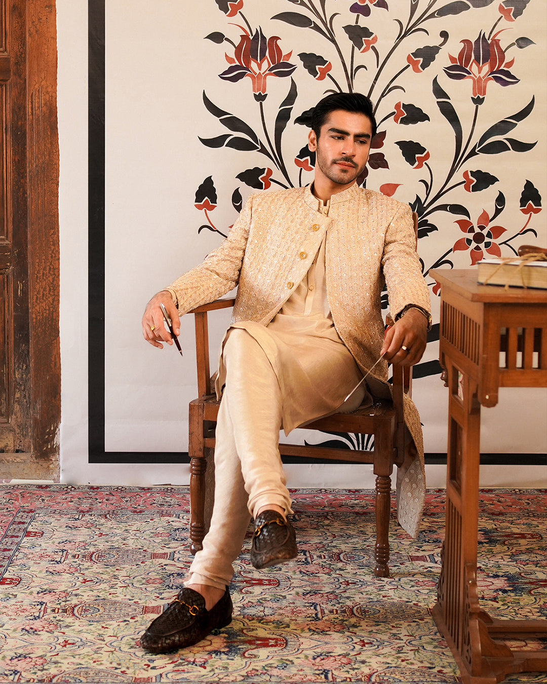 Fawn Embellished Korean Raw Silk Sherwani (3-Piece) - Image 3