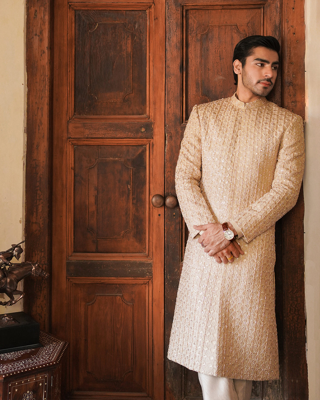 Fawn Embellished Korean Raw Silk Sherwani (3-Piece) - Image 4
