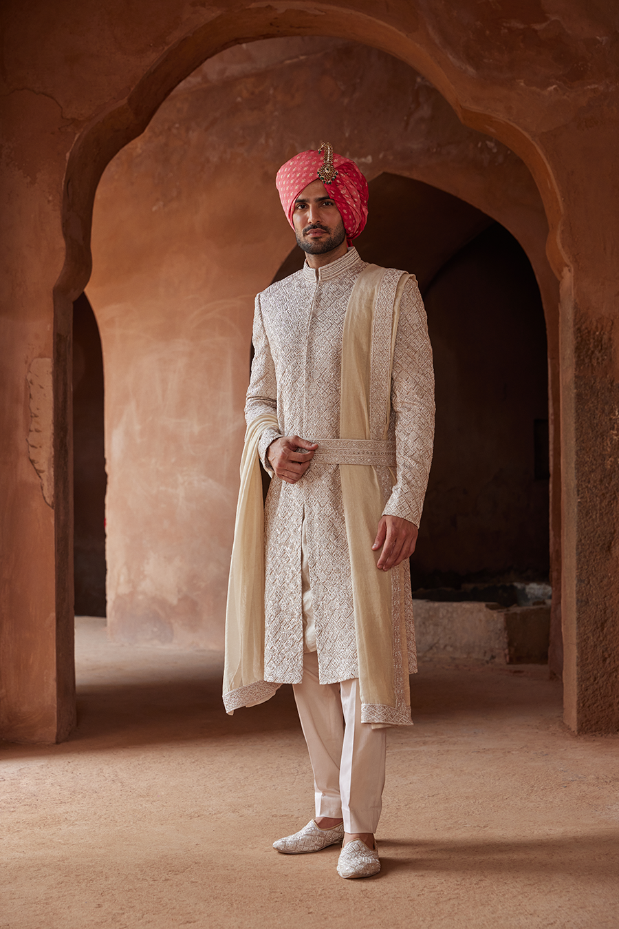 Mushroom Embroidered Raw Silk Sherwani (3-Piece) - Image 2