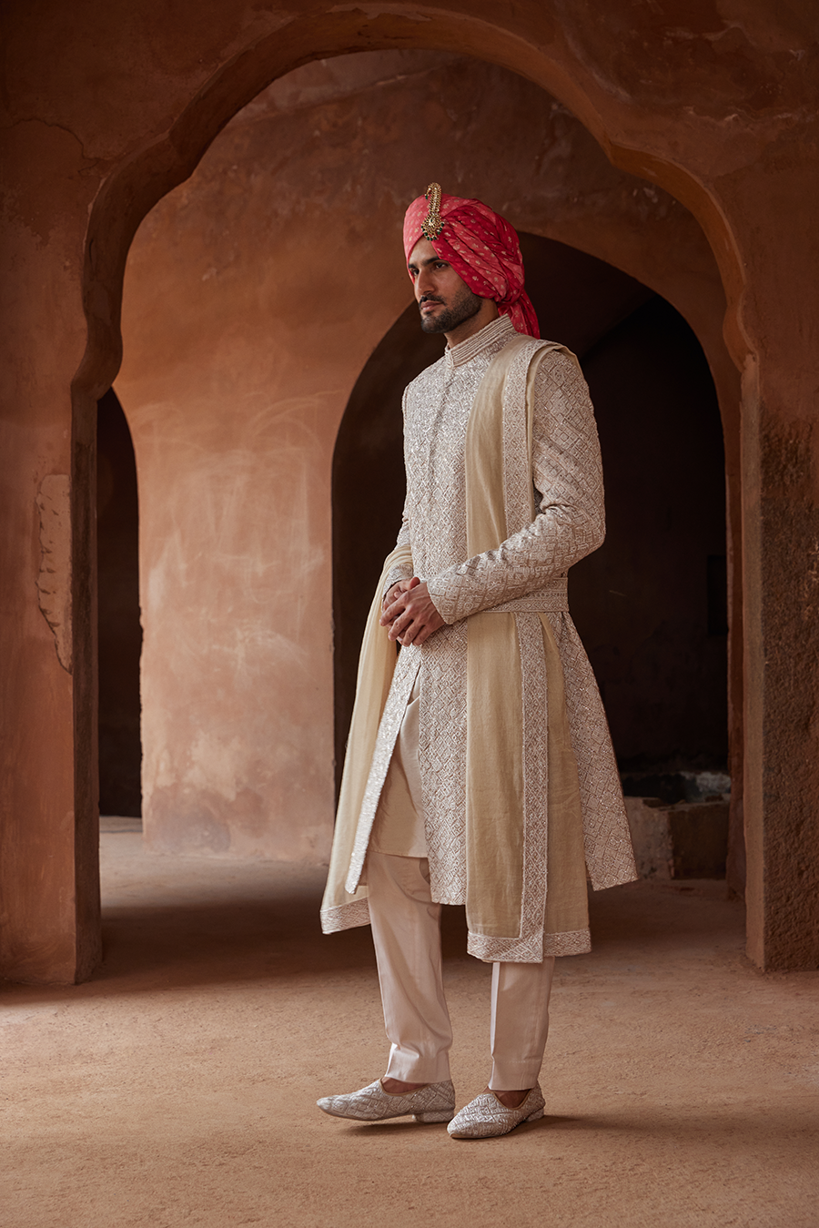 Mushroom Embroidered Raw Silk Sherwani (3-Piece) - Image 3