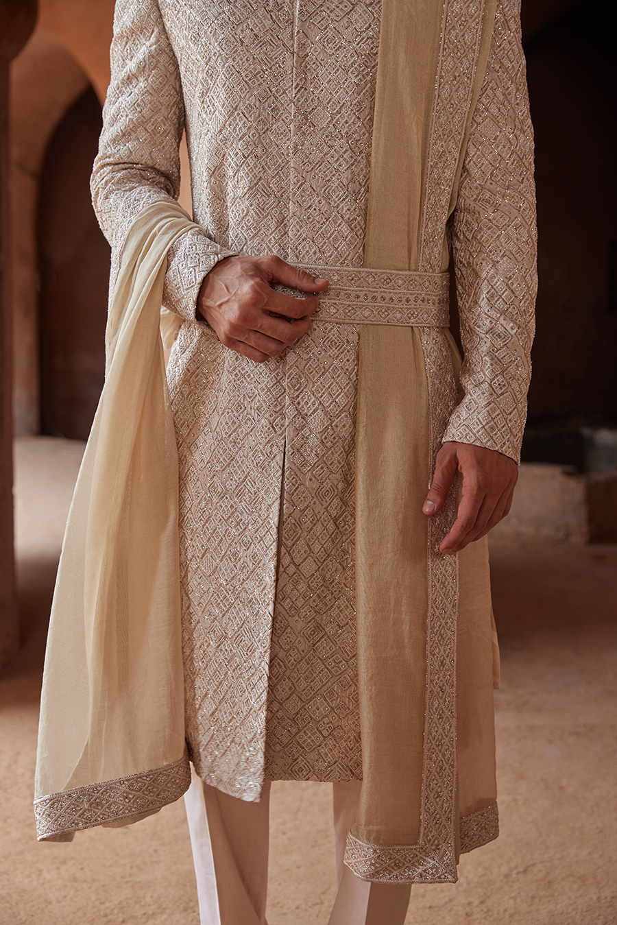 Mushroom Embroidered Raw Silk Sherwani (3-Piece) - Image 4