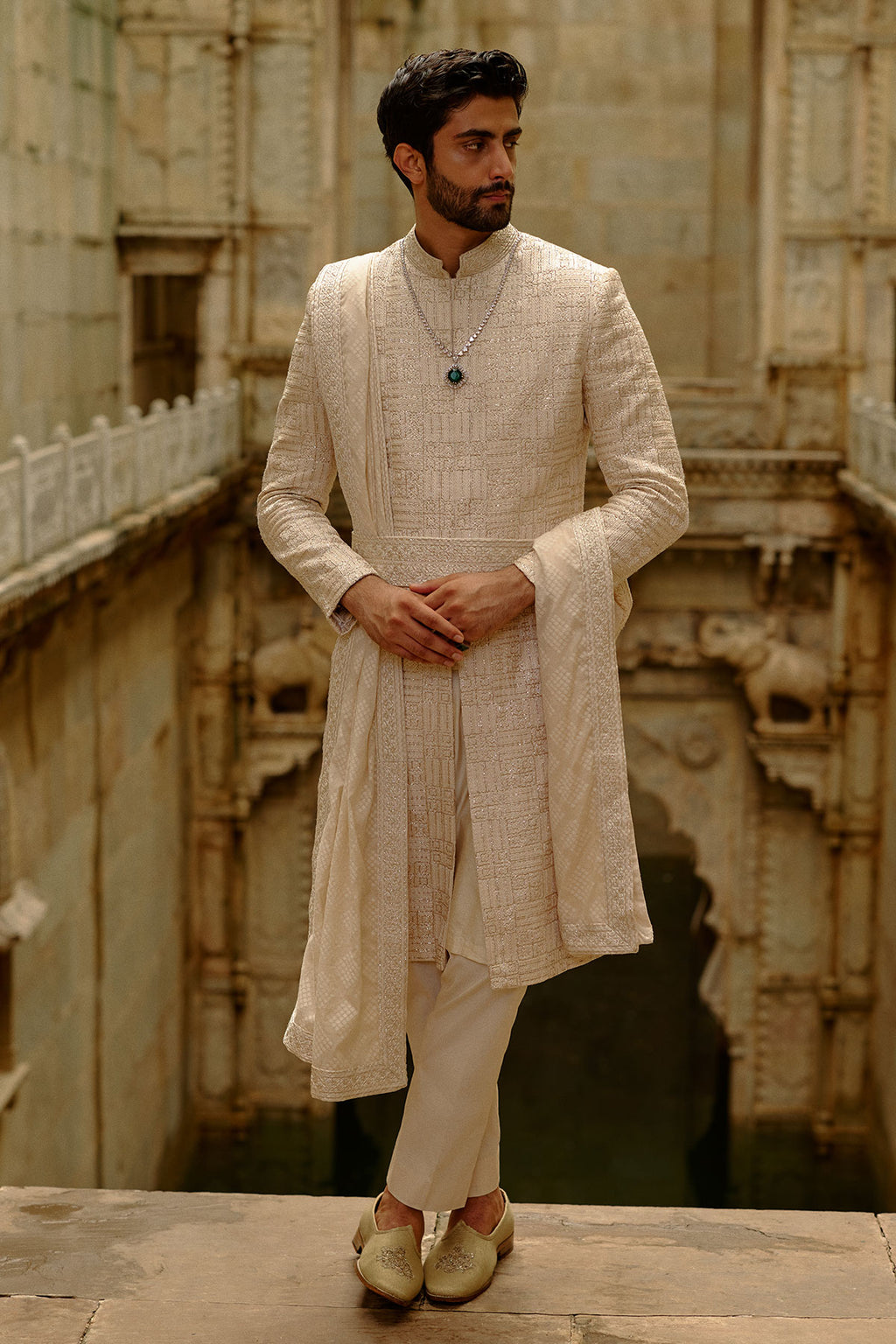 Beige Geometric Embroidered Raw Silk Sherwani (3-Piece) - Image 1