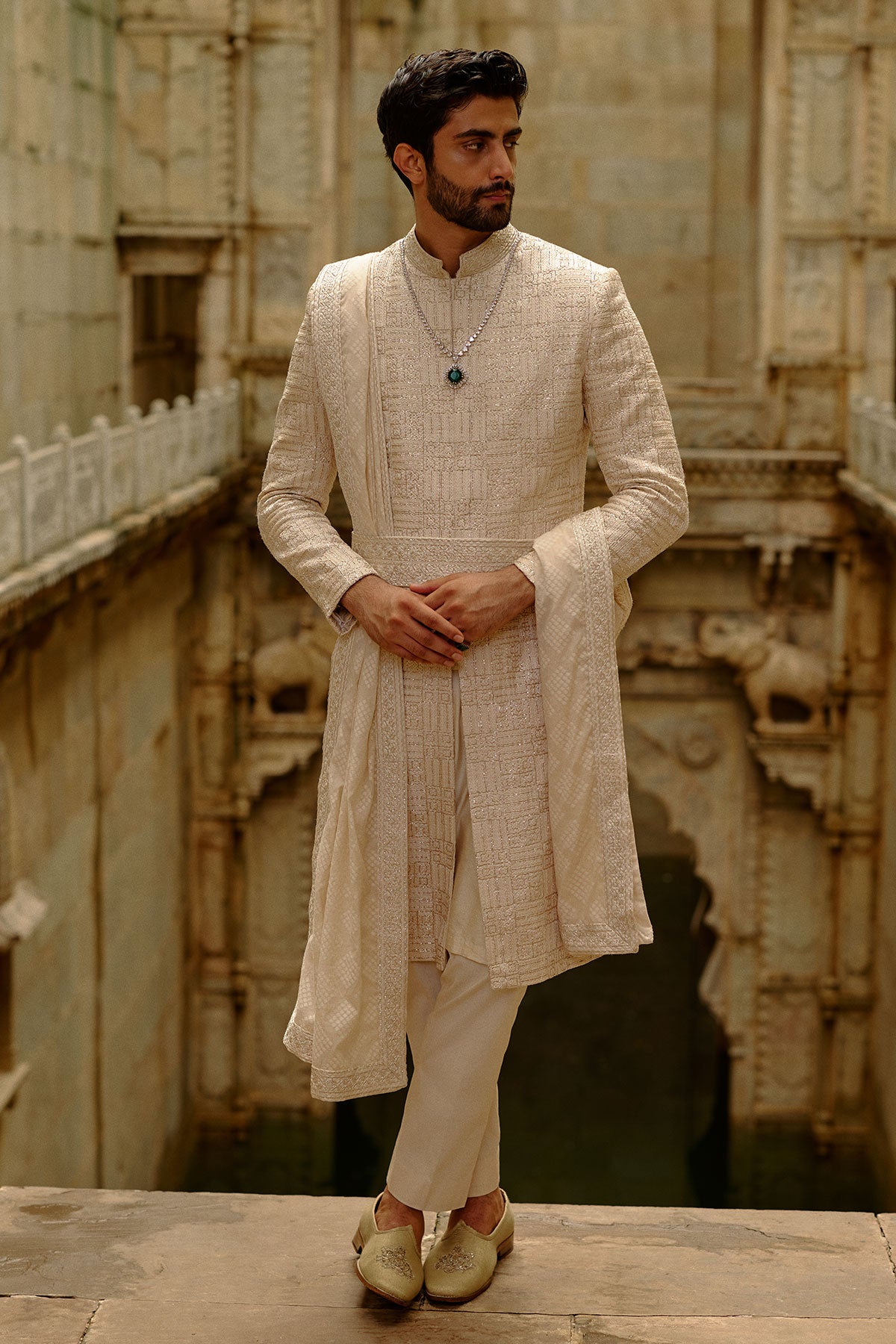 Beige Geometric Embroidered Raw Silk Sherwani (3-Piece) - Image 2