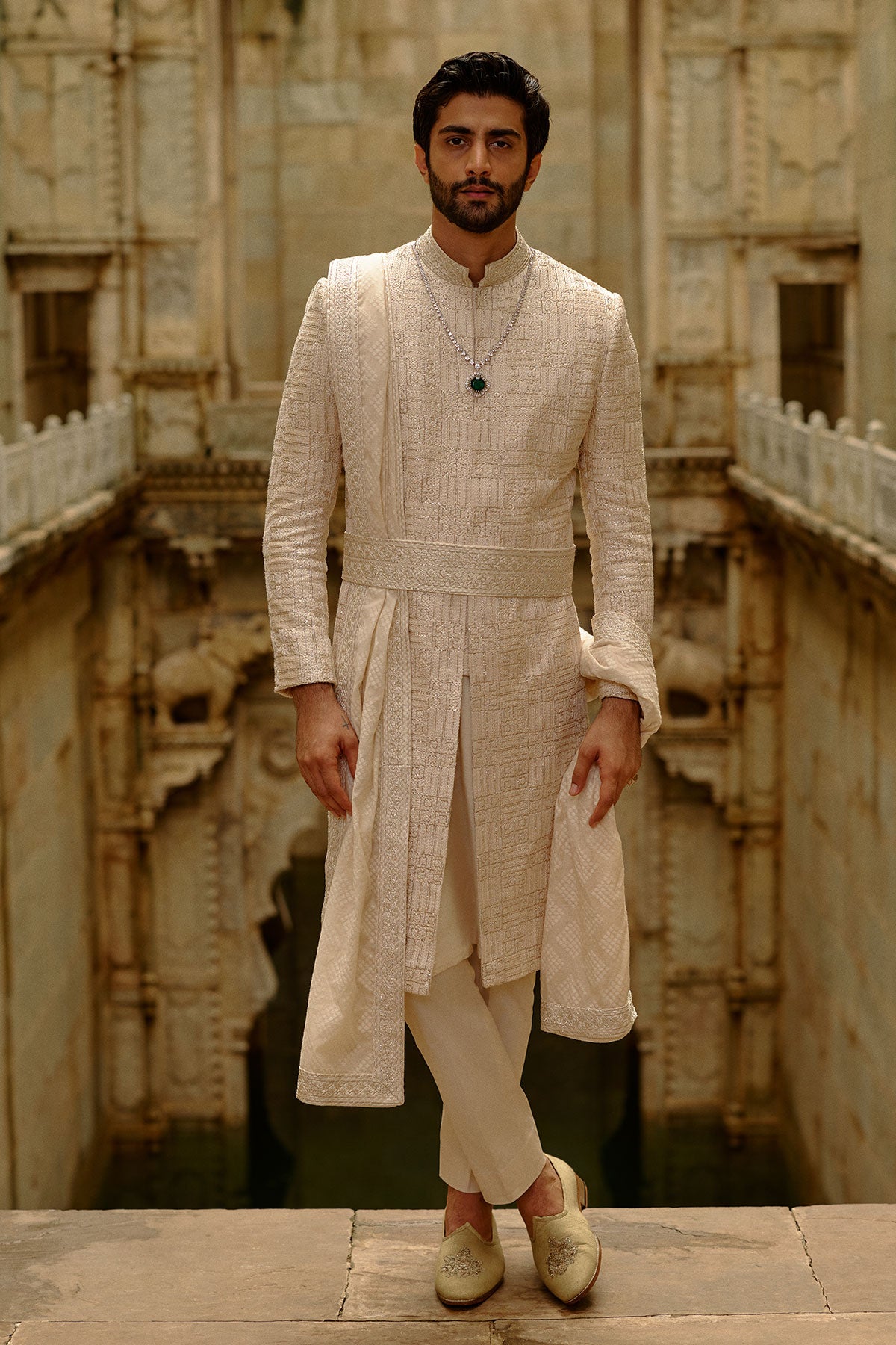 Beige Geometric Embroidered Raw Silk Sherwani (3-Piece) - Image 3