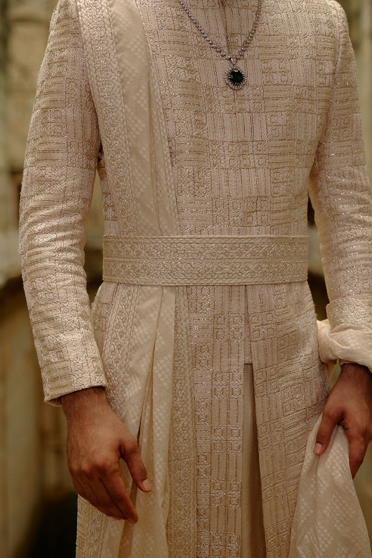 Beige Geometric Embroidered Raw Silk Sherwani (3-Piece) - Image 4