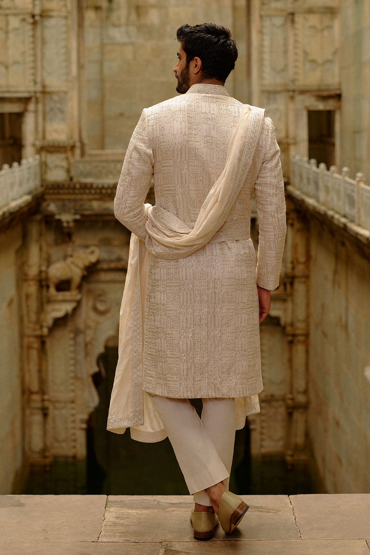Beige Geometric Embroidered Raw Silk Sherwani (3-Piece) - Image 5