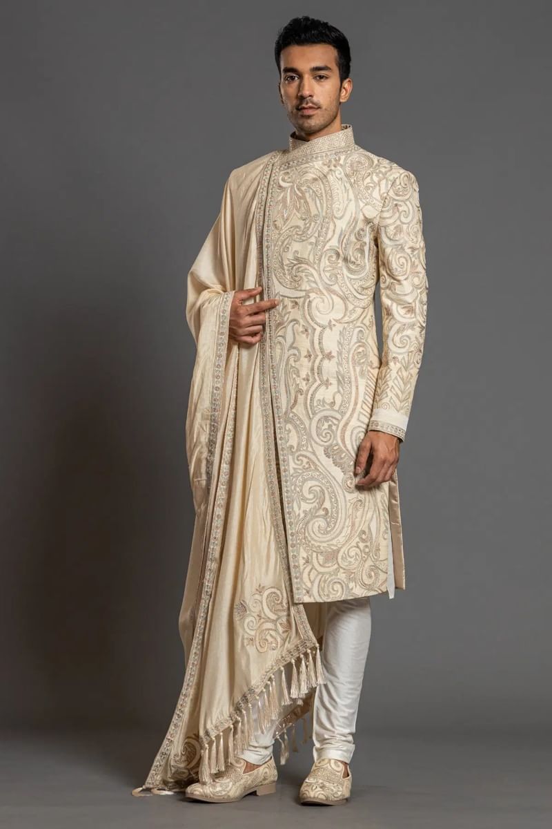 Beige Resham Embroidered Raw Silk Sherwani (3-Piece) - Image 1