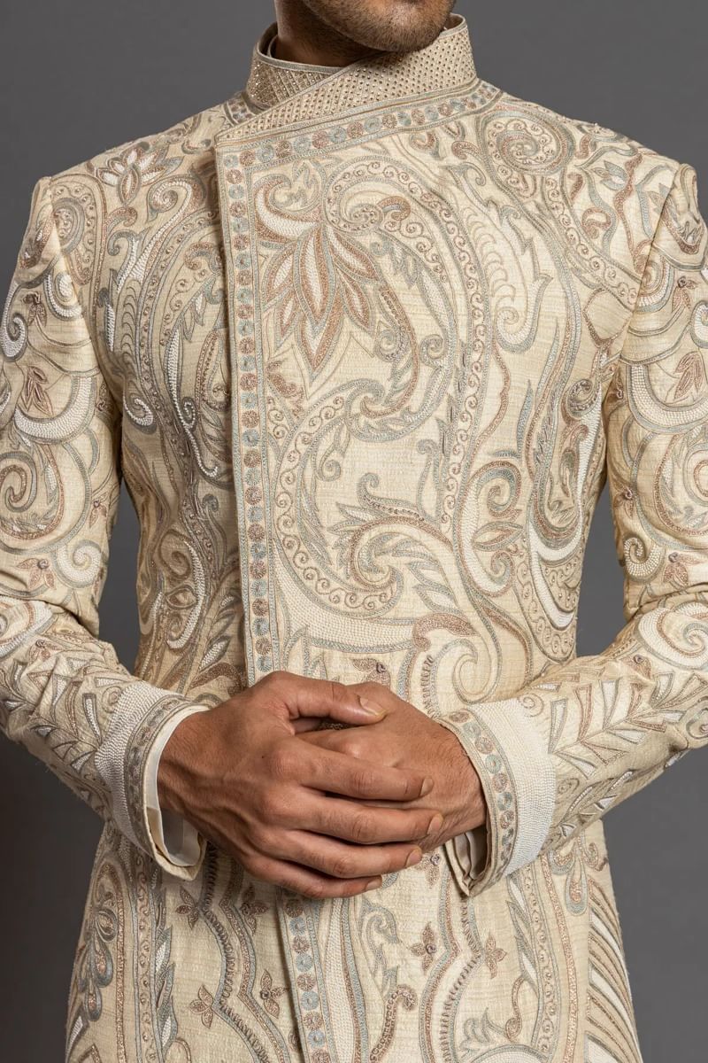 Beige Resham Embroidered Raw Silk Sherwani (3-Piece) - Image 2