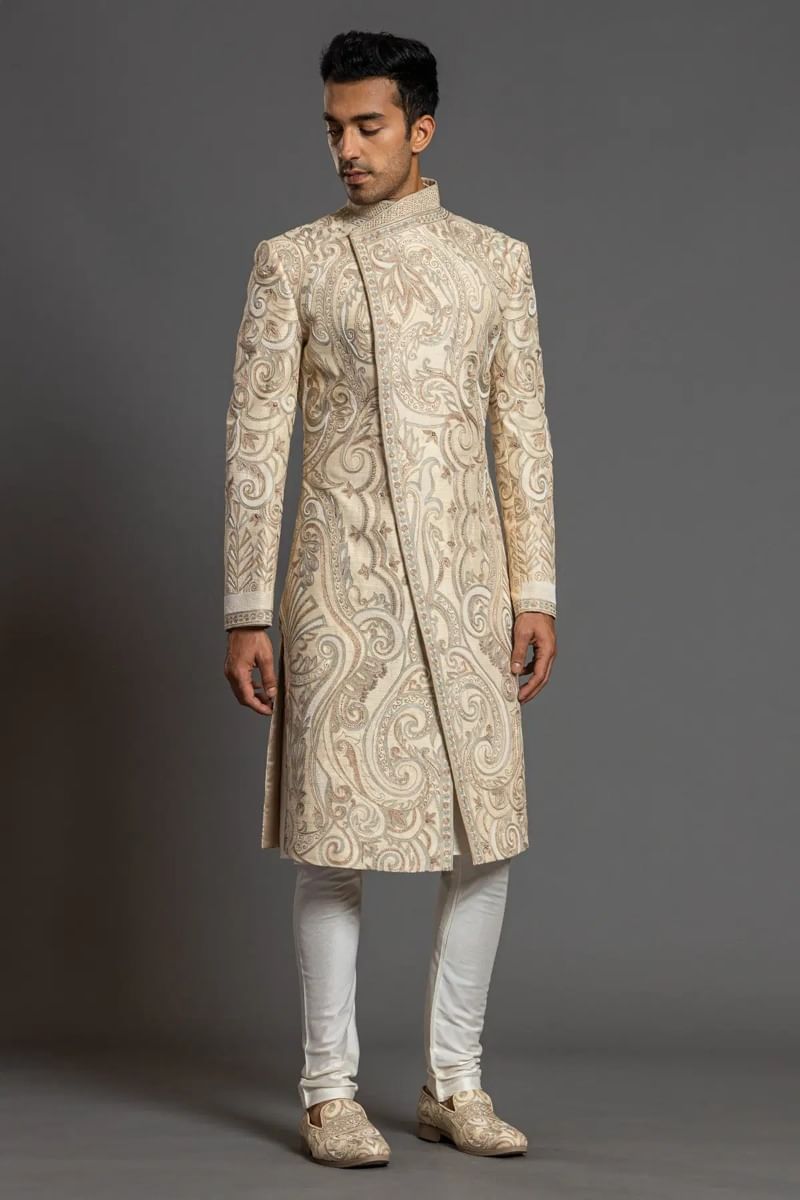 Beige Resham Embroidered Raw Silk Sherwani (3-Piece) - Image 3