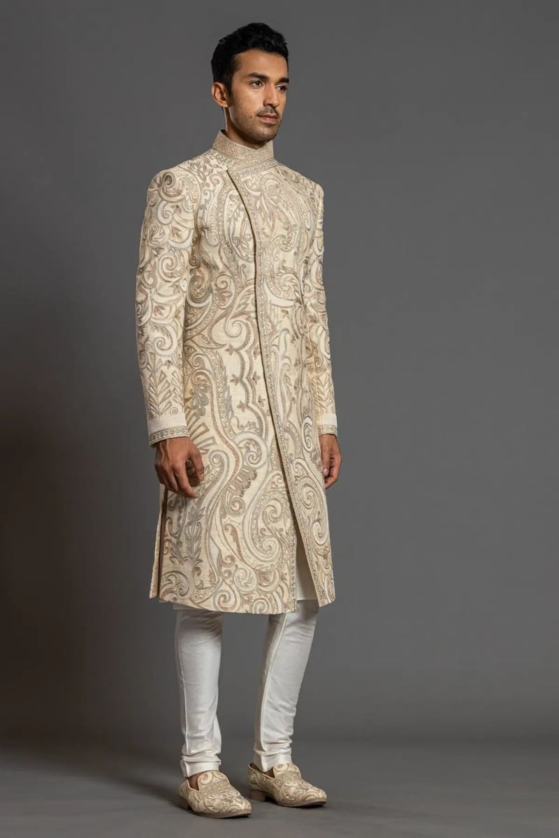 Beige Resham Embroidered Raw Silk Sherwani (3-Piece) - Image 4