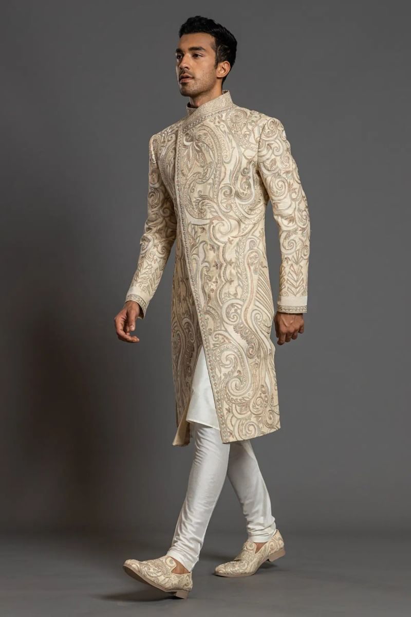 Beige Resham Embroidered Raw Silk Sherwani (3-Piece) - Image 5