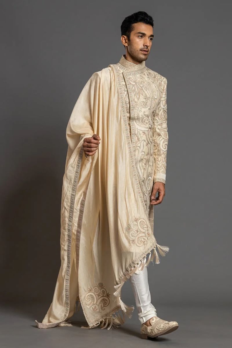 Beige Resham Embroidered Raw Silk Sherwani (3-Piece) - Image 6