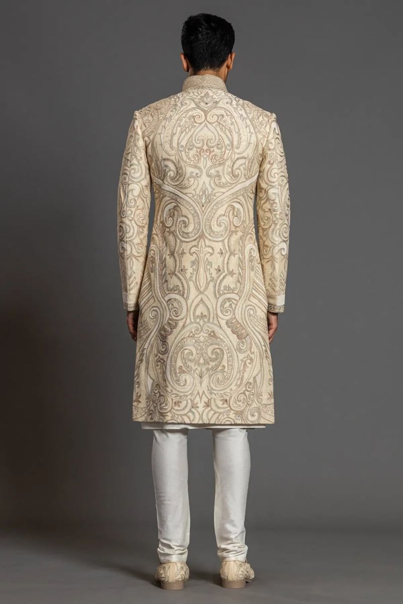Beige Resham Embroidered Raw Silk Sherwani (3-Piece) - Image 8