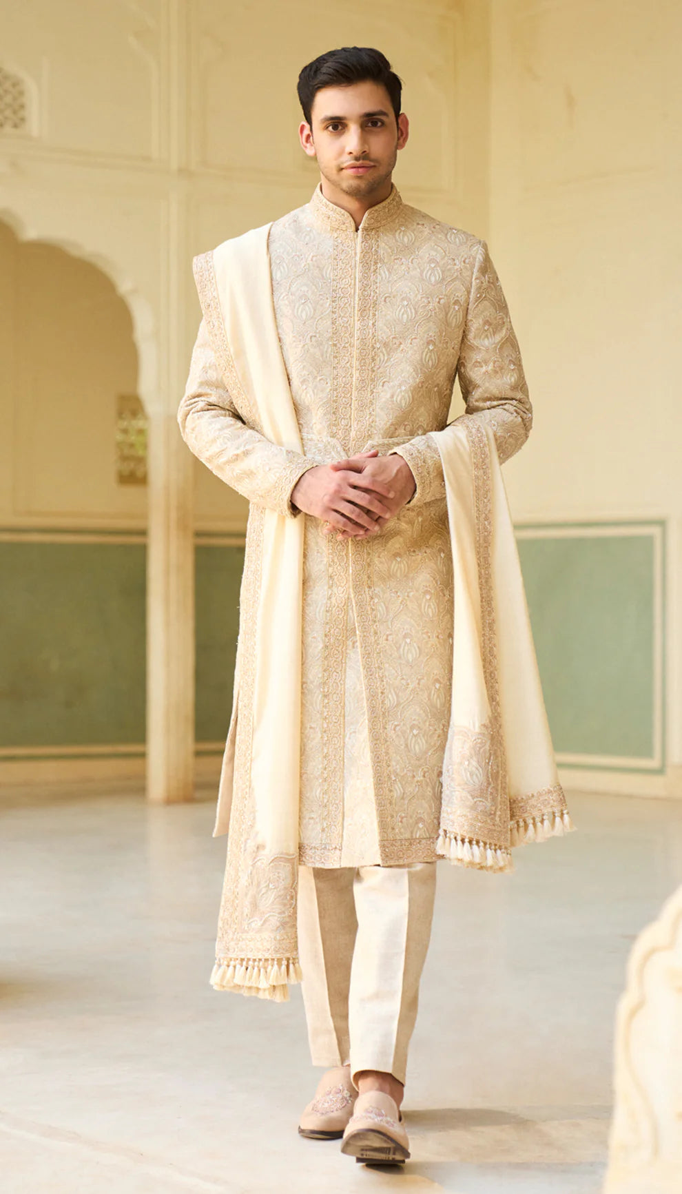 Beige Resham Embroidered Raw Silk Sherwani (3-Piece) - Image 1
