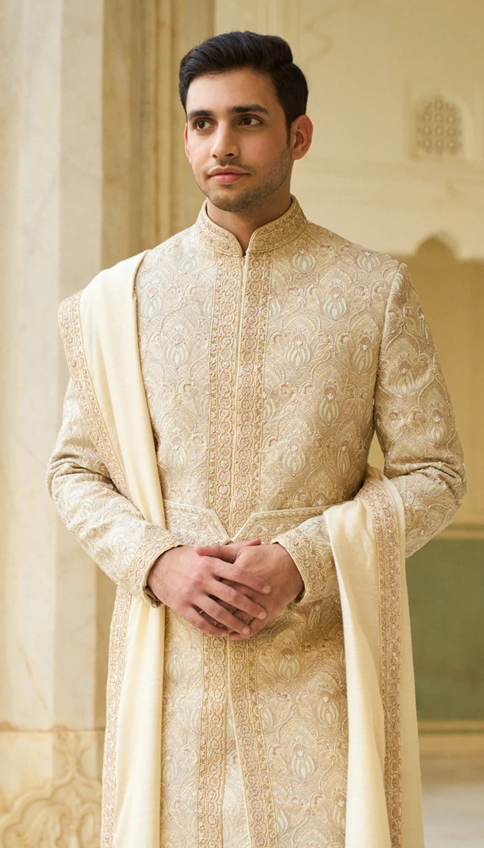 Beige Resham Embroidered Raw Silk Sherwani (3-Piece) - Image 2