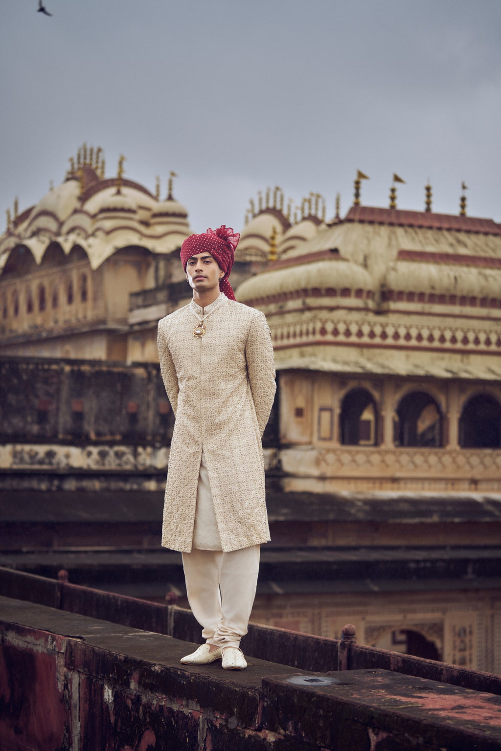 Light Beige Embroidered Raw Silk Sherwani (3-Piece) - Image 1