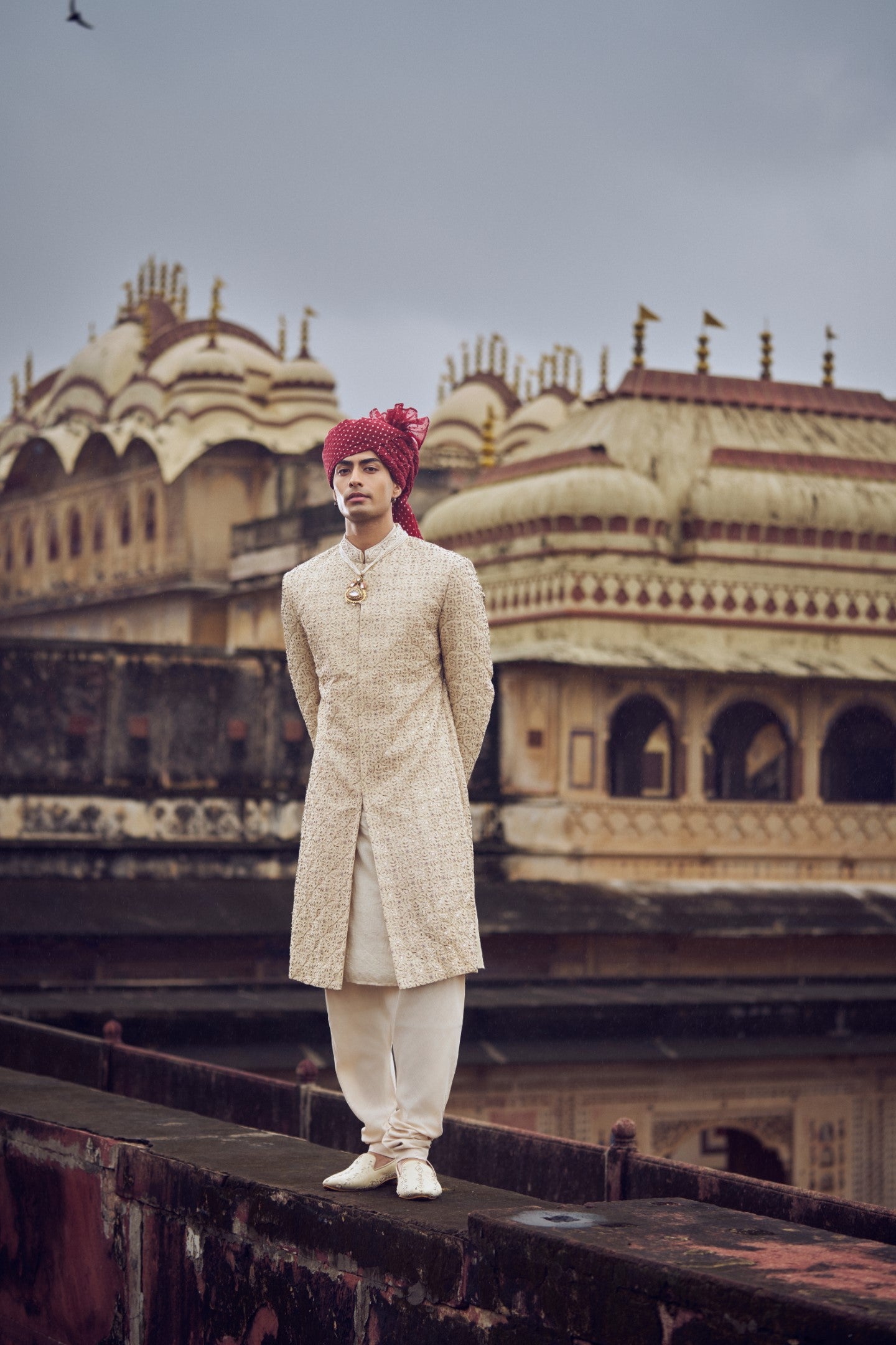 Light Beige Embroidered Raw Silk Sherwani (3-Piece) - Image 2