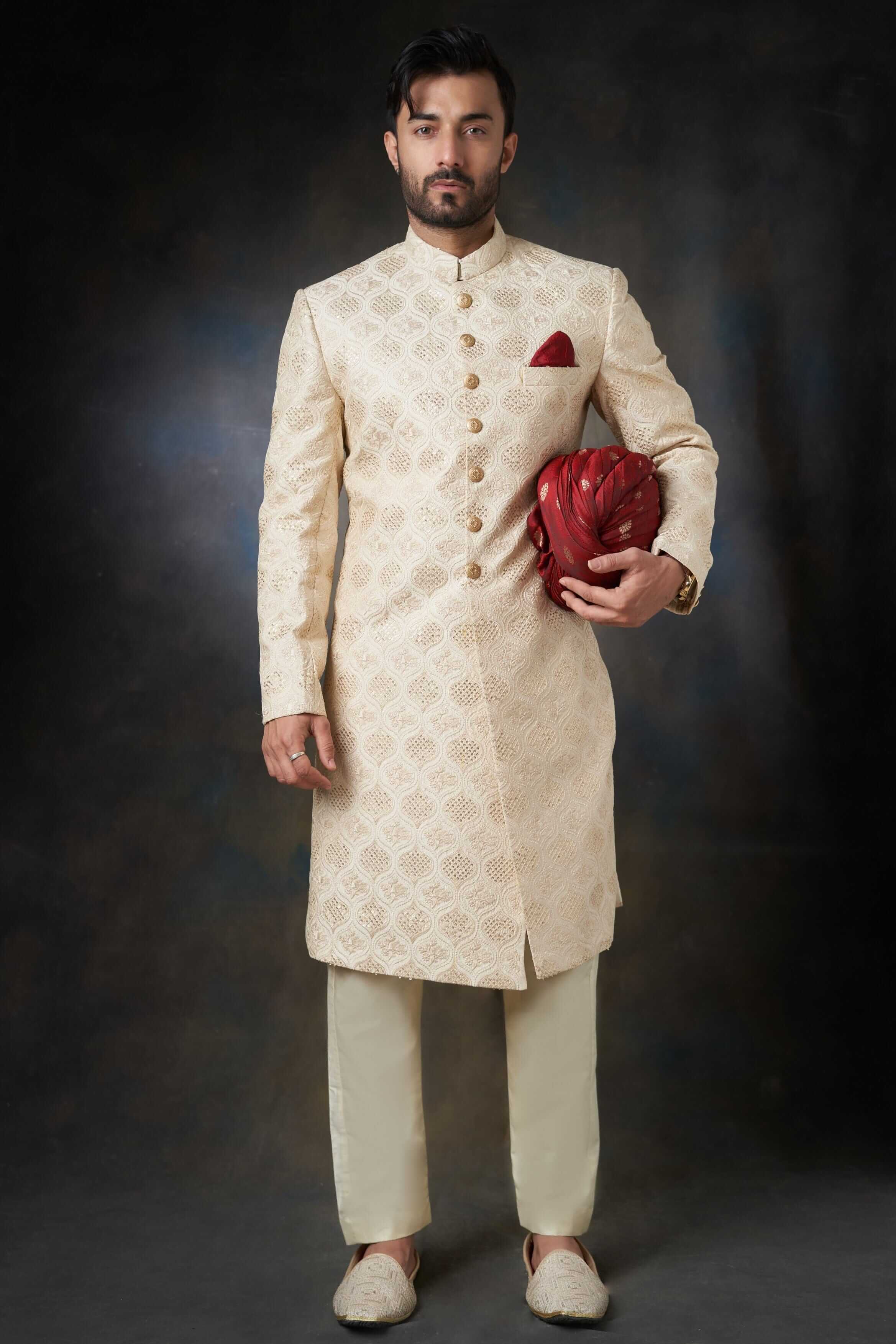 Fawn Gold Embroidered Raw Silk Groom Sherwani (2-Piece) - Image 1