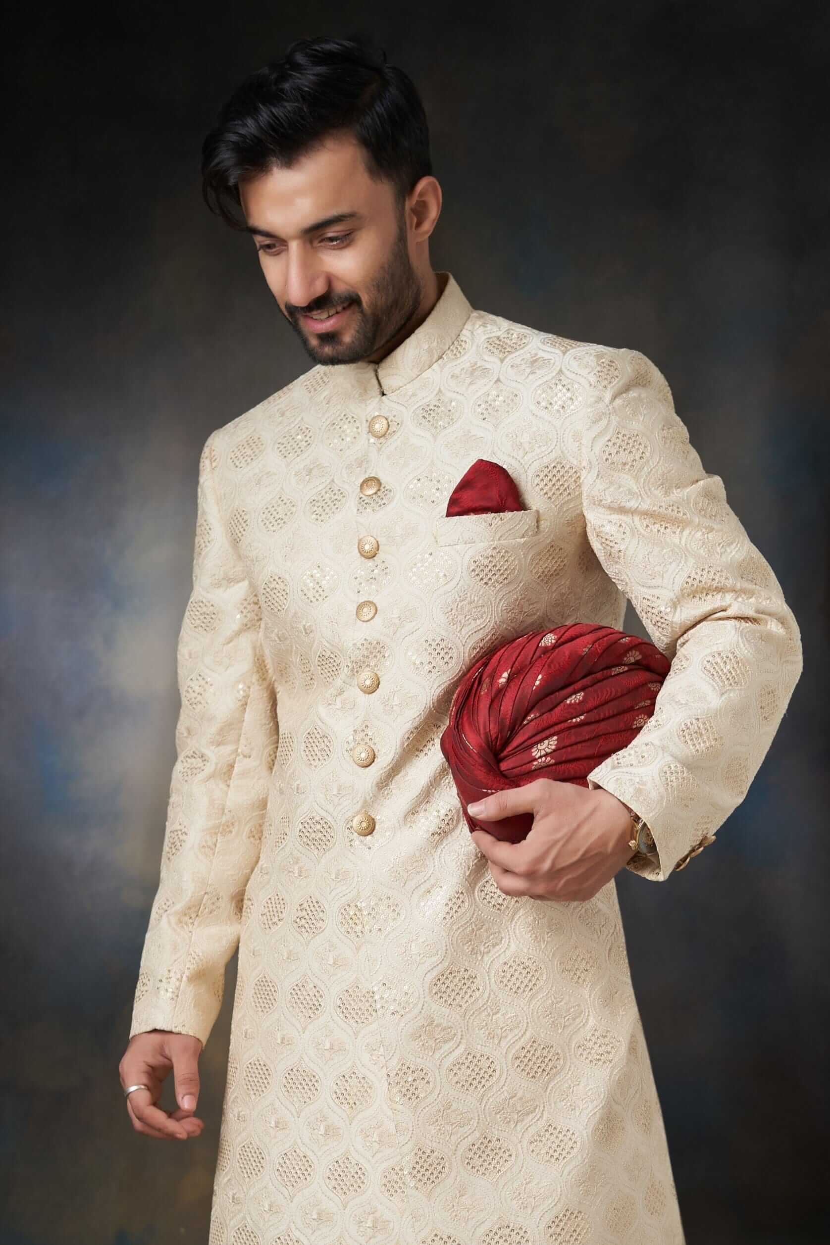 Fawn Gold Embroidered Raw Silk Groom Sherwani (2-Piece) - Image 2