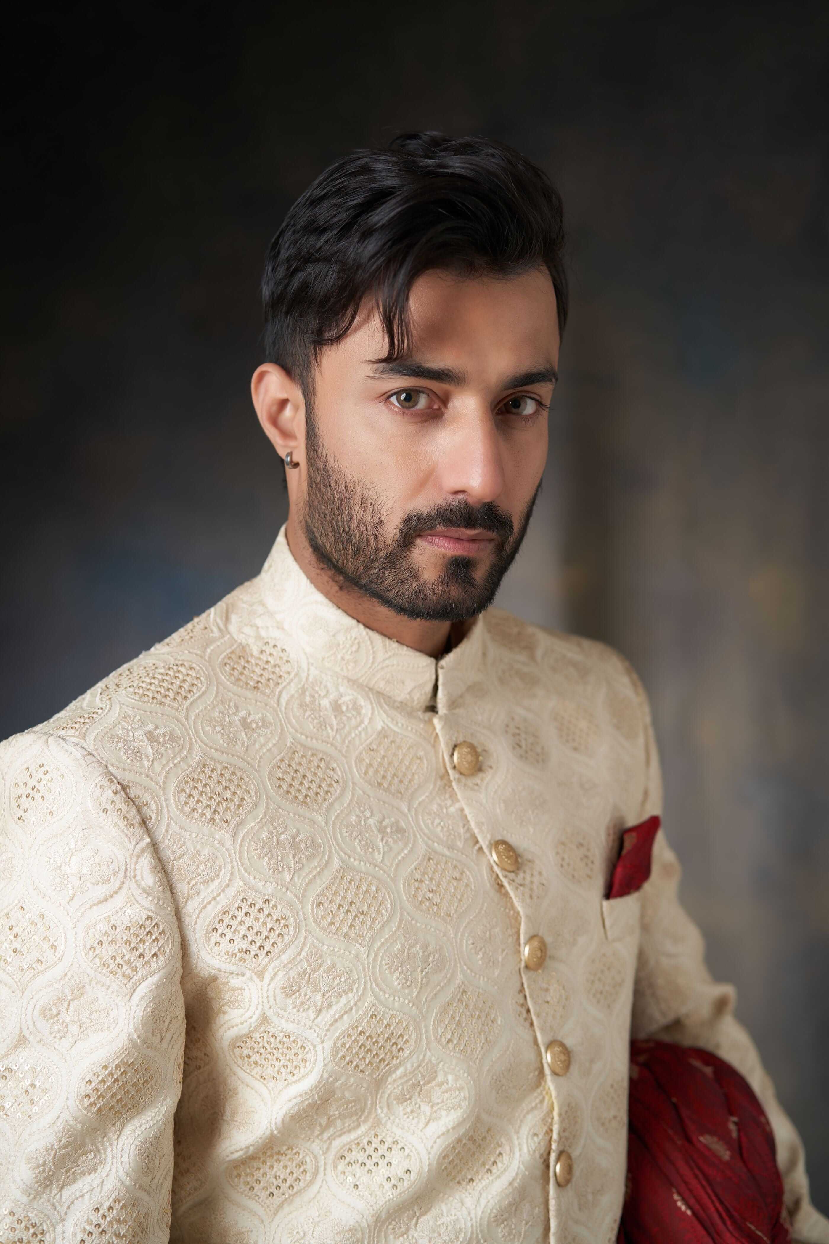 Fawn Gold Embroidered Raw Silk Groom Sherwani (2-Piece) - Image 3